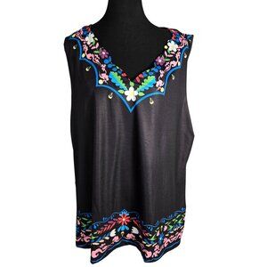 NWT | KIPFALL Black Boho Floral Embroidered V-Neck Sleeveless Tank Top | 2XL